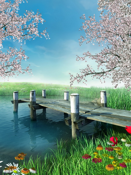 Molo z wiosennymi kwiatami i drzewami