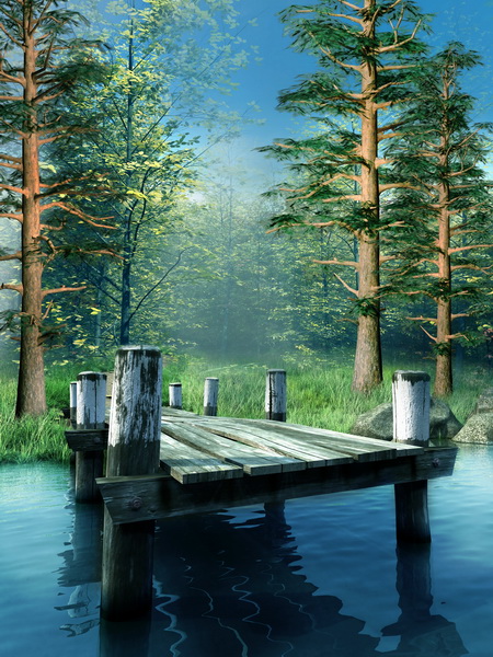 Drewniane molo na niebieskim jeziorze